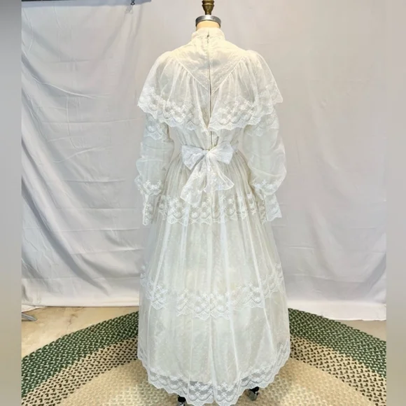 VINTAGE 70s wedding dress prairie bridal‎ gown flouncy ruffle lace long sleeve - Picture 6 of 16